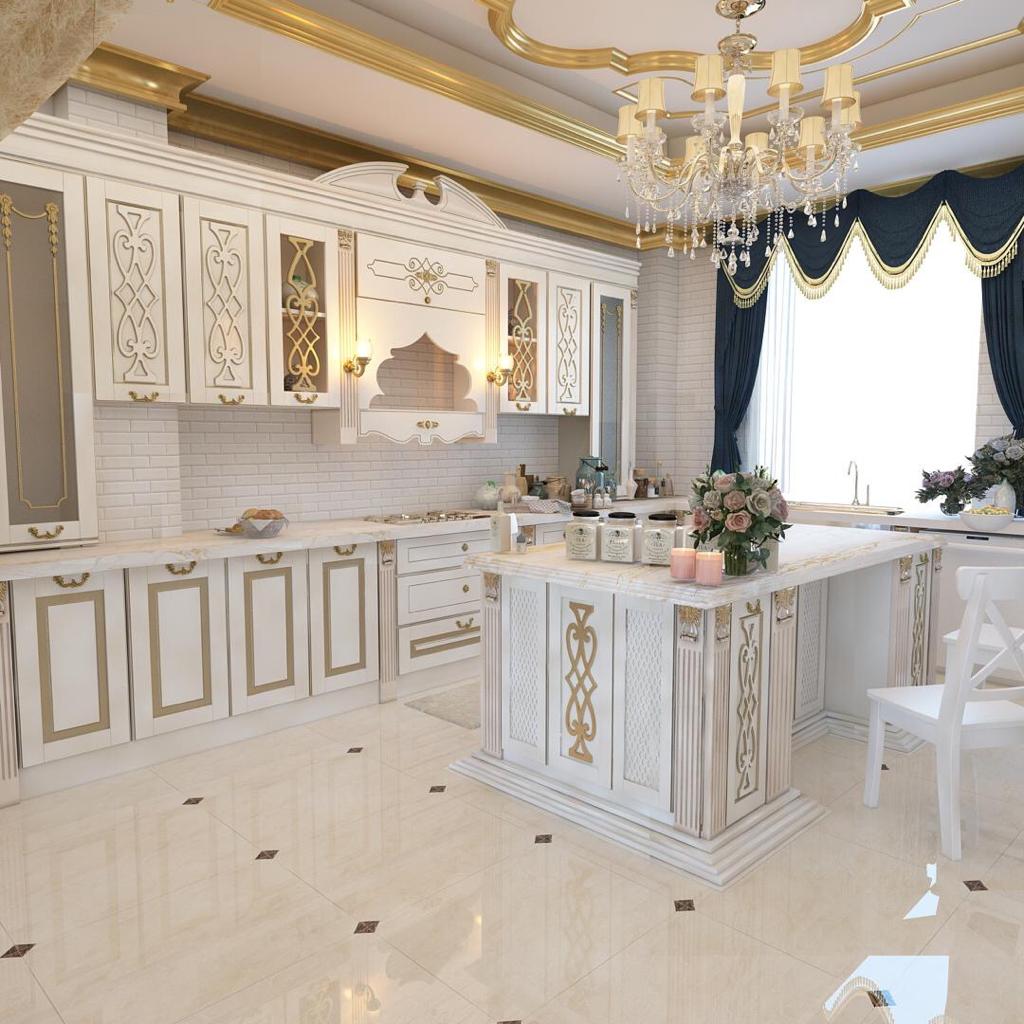 دکوراسیون آشپزخانه سقف گچ بری شده طلایی سفید و کابینت کلاسیک