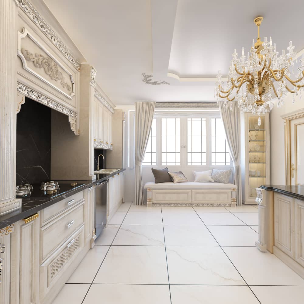 دکوراسیون آشپزخانه با کابینت کلاسیک رنگ شده رنگ سفید