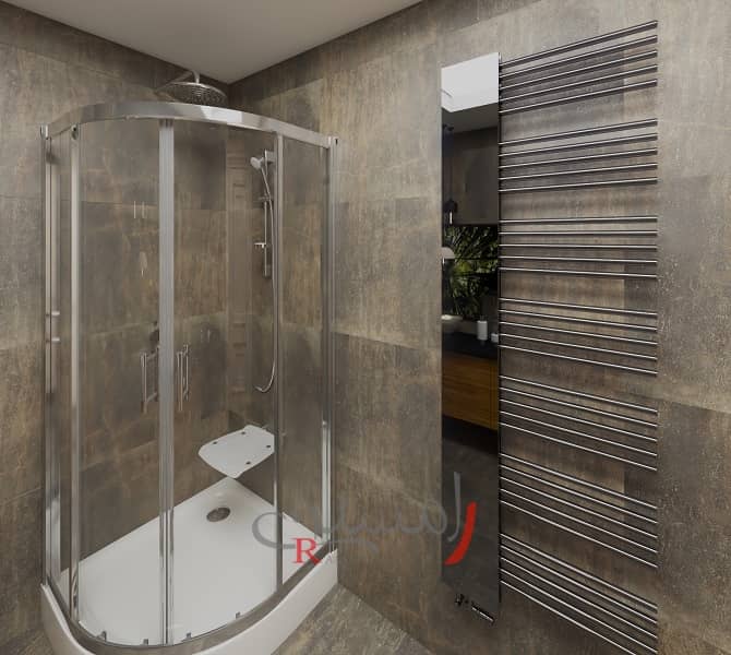 دکوراسیون حمام با کابین دوش مدرن سفید و حوله خشک کن بزرگ و زیبا دکوراتیو_new
