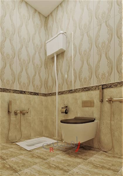 طراحی دکوراسیون داخلی سرویس بهداشتی لوکس به رنگ طلایی سرویس ایرانی و وال هنگ با شیر آلات طلایی_new